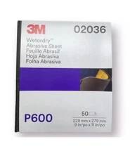 3M Wetordry Abrasive Sandpaper Sheet (02036, 2036), 600 Grit, 50 Count