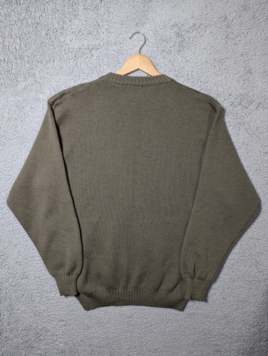 Barbour Jumper Men's XL 44" Pure New Wool Khaki V-Neck Suede Patches Vintage - Picture 12 of 18