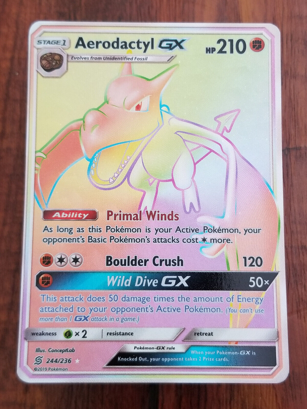 Aerodactyl GX Pokemon Unified Minds Rainbow Secret Rare Card - 244/236