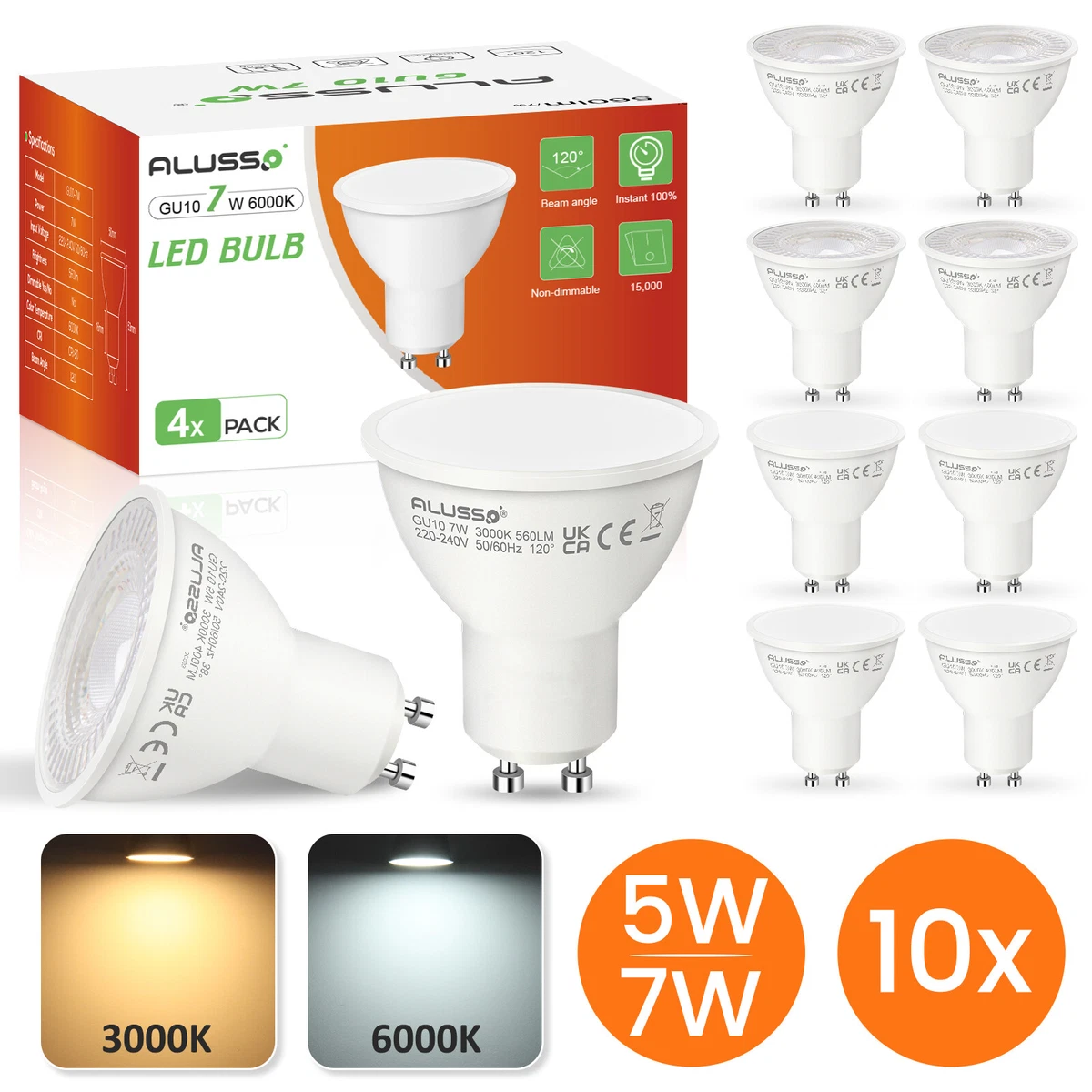 ALUSSO GU10 LED Bulbs 5W 7W Spotlight Lamps Warm Cool Day White Downlights