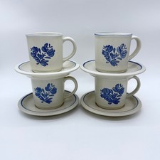 Set Of 4 Pfaltzgraff Yorktown Cups & Saucers Blue Floral Pattern Stoneware Vinta