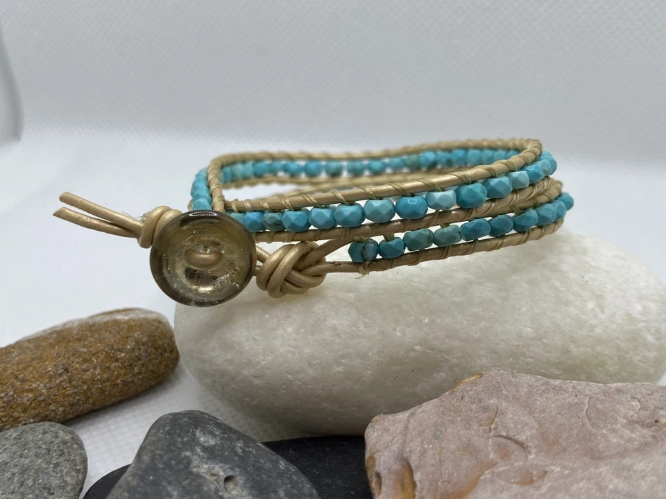 Handmade Turquoise Leather Wrap Bracelet with Czech Glass Button (Eb84) - Image 4 of 4