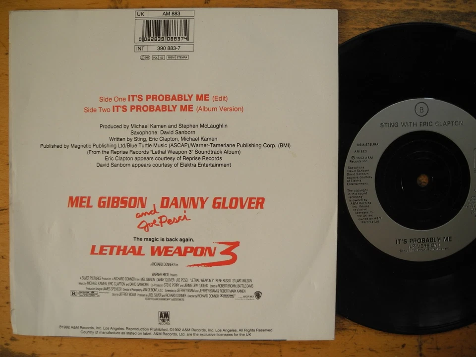 STING with ERIC CLAPTON It's Probably Me 45 7" single 1992 Holland EX- - Image 2 of 2
