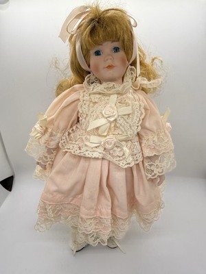 Vintage Porcelain Doll 12 Blonde Blue Eyes Curls Hair Peach Pink Dress Shoes