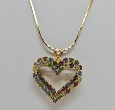 Multicolor Rhinestone Heart Pendant Necklace Gold Tone 18"