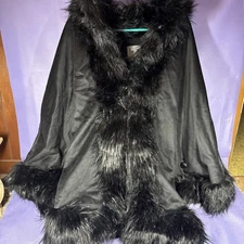 Jessica London BLK Faux Fur Trim Wool Blend Cape Coat Plus Sz 26/28 Classic