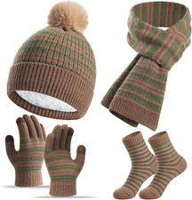 Kids Winter Hat Gloves Scarf Socks Set 4Pcs, Toddler Pom Beanie Warm Knit Scarf