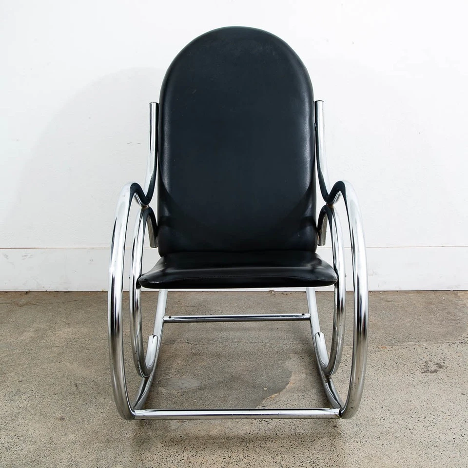 Mecedora moderna Mid Century balancín cromada metal negro plata vintage años 60 Foto 4 de 4