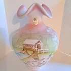 Fenton Painted Rosalene Glass Four Seasons Vase Spring Covered Bridge 2006 #1181