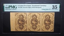 5 Cents First Issue Fractional Currency Fr. 1230 UNCUT STRIP OF 3 - PMG 35