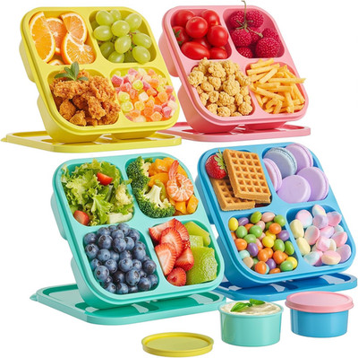 4 Pcs Snack Box Containers Set, Reusable 4 Compartment Lunchable Container with