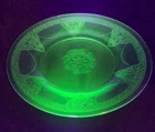 Vintage Federal Georgian Lovebirds Green Depression Glass Plate, UV Glow