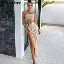 Wheremery Sexy Sleeveless Slit Dress Hollow Out Elegant Skinny Women Long Dresse