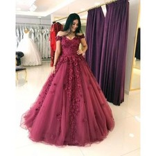 Burgundy Tulle Flowers Wedding Dresses Off Shoulder Short Train Bridal Gowns  