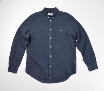 NN07 No Nationality Shirt Mens Medium Navy ''New Derek'' Button Down 100% Linen