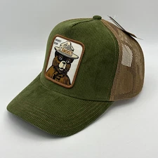 Authentic Smokey The Bear Patch Corduroy Mesh Snapback Trucker Hat Wildfires NWT