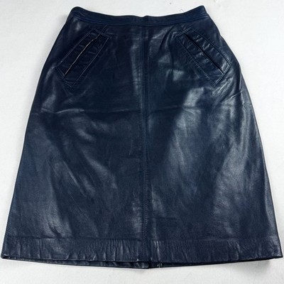 Womens Vintage Blue Genuine Leather Midi Skirt Minimalist Y2K Classic Style
