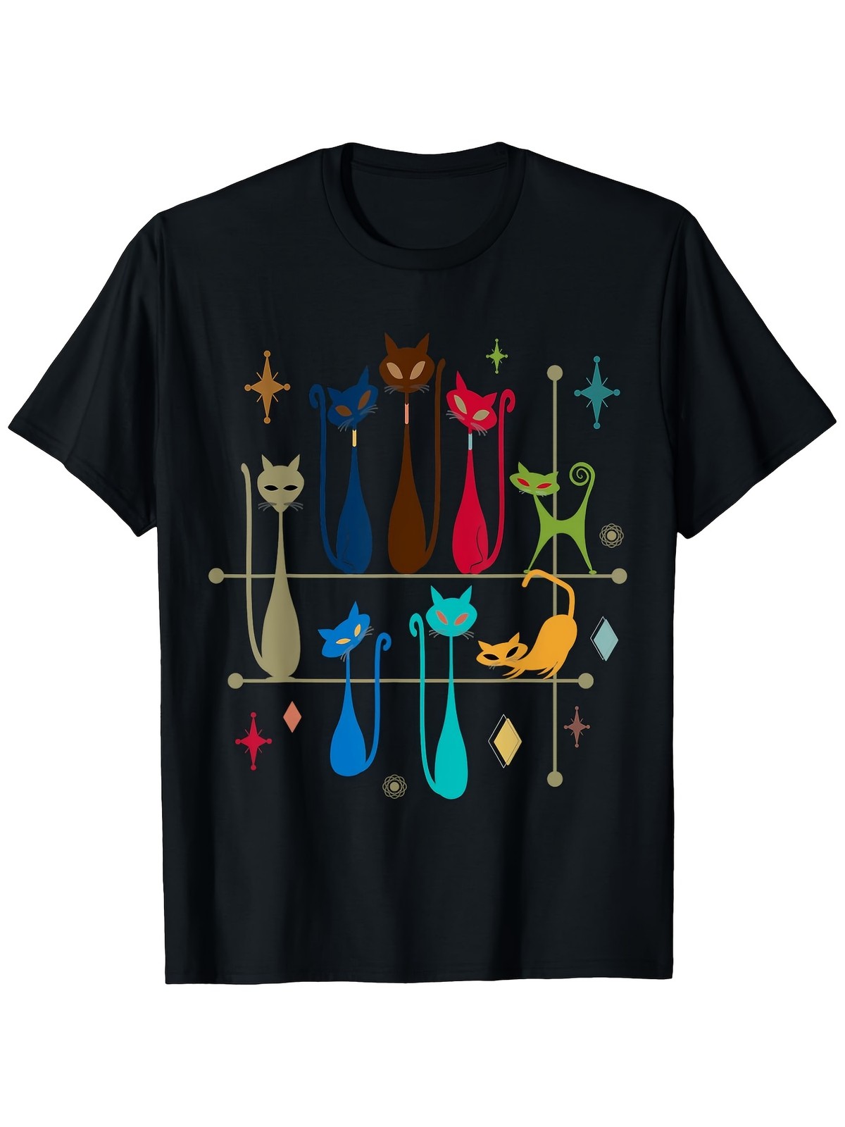 Retro Cat Graphic Tee for Both Genders, Mid-Century Modern Design,