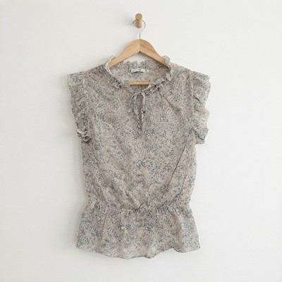 MNG SUIT Mango Floral Ruffle Cap Sleeve Blouse Sheer Tie Neck Top Size Small