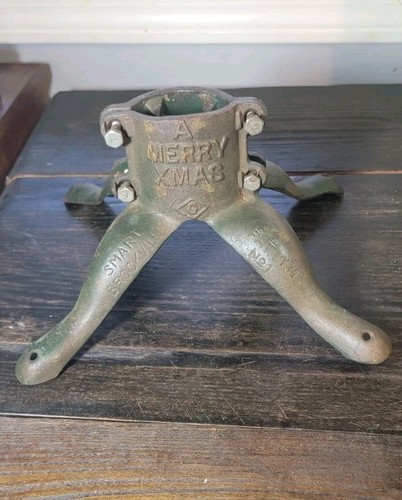 VINTAGE 1931 A MERRY XMAS SMART BROCKVILLE CAST IRON CHRISTMAS TREE STAND