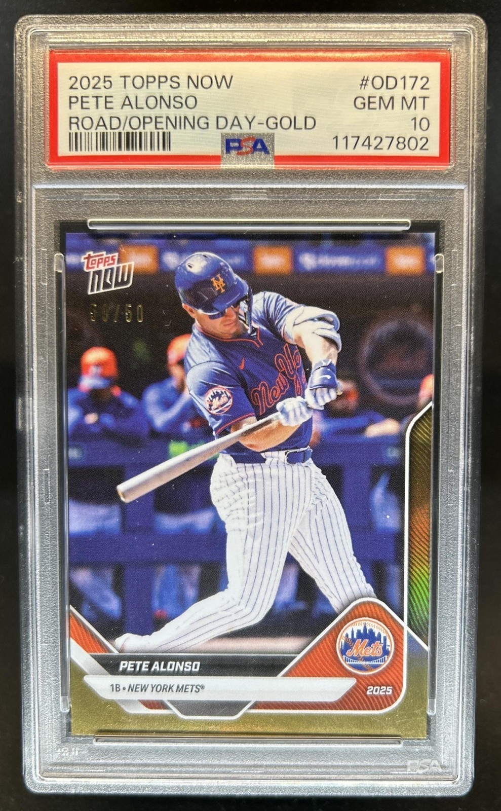 2025 Topps Now Opening Day New York Mets Pete Alonso Gold Foil #/50 PSA 10 view 1
