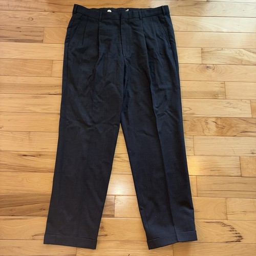 vtg 90s Lands End 34x30 Charcoal Dress Pants Trousers Pleated Wool Cuffed USA