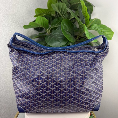 Goyard Coated Canvas Blue Hobo Zip Shoulder Bag Authentic