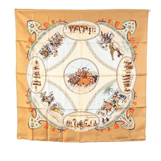 HERMES Scarf Carr 90 CAVALIERS PEULS Beige Brown Multicolor A Rank Silk Ladies H