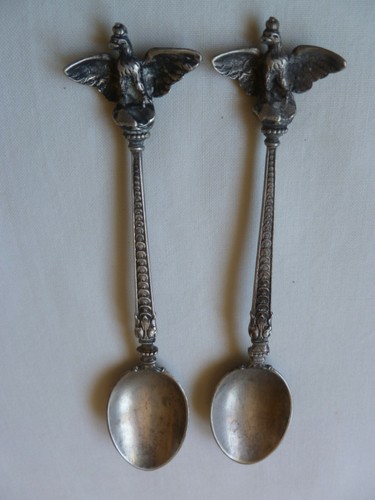 PAIR OF ANTIQUE GERMAN 800 SILVER EAGLE HANDLE SPOONS - 4.3/4" LONG - Picture 5 of 12