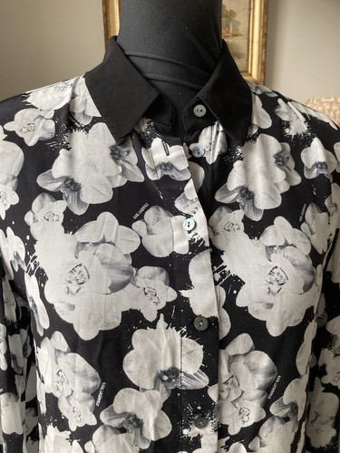 Ladies Floral Shirt Small 8 Collared Karl Lagerfeld Black White Collared