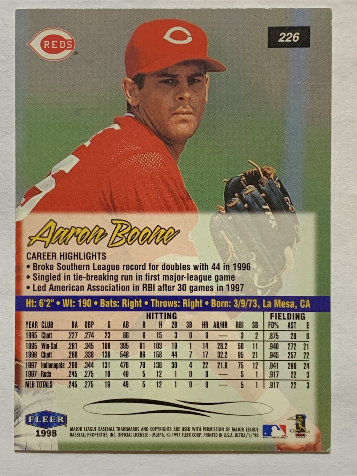 1998 Fleer Ultra Aaron Boone Prospect Card, #226, Cincinnati Reds | eBay