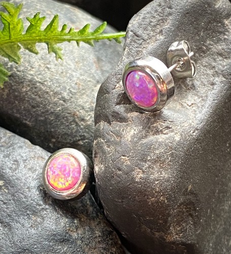 PAIR Large 6mm Opal in 9mm Bezel Setting 316L Stainless Steel Earrings - Picture 7 of 7