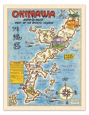OKINAWA MEM-O-MAP RYUKYU ISLANDS Vintage Pictorial Map 1945 -Unframed- Print