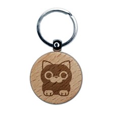 Round Cat Sitting Engraved Wood Round Keychain Tag Charm
