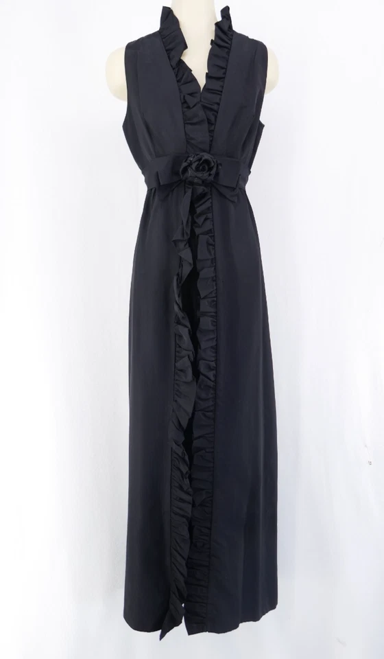 VESTIDO PALAZZO JUMPSUiT MAXi vintage años 60 70 tafetán negro con volantes Foto 2 de 4