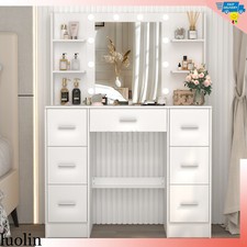 7 Drawers Vanity Desk Set with 10 LED Lighted Mirror for Bedroom Makeup Table