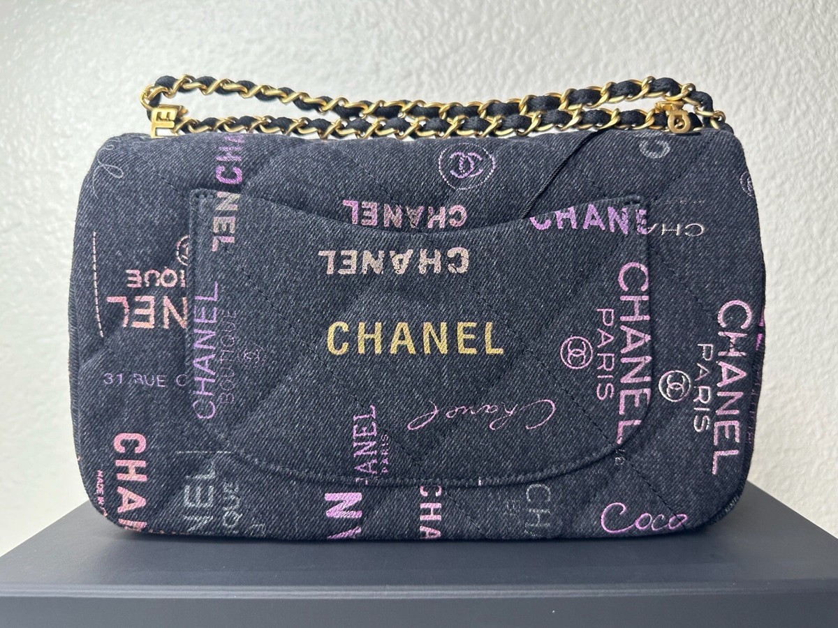 NWT 22P Chanel Classic Black Printed Denim Large Flap Bag NWT 22P Chanel Classic Black Printed Denim Large Flap Bag
