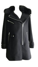 Zara Black Contrasting Manteco Wool Biker Coat Faux Fur Jacket Size L, Uk12-14