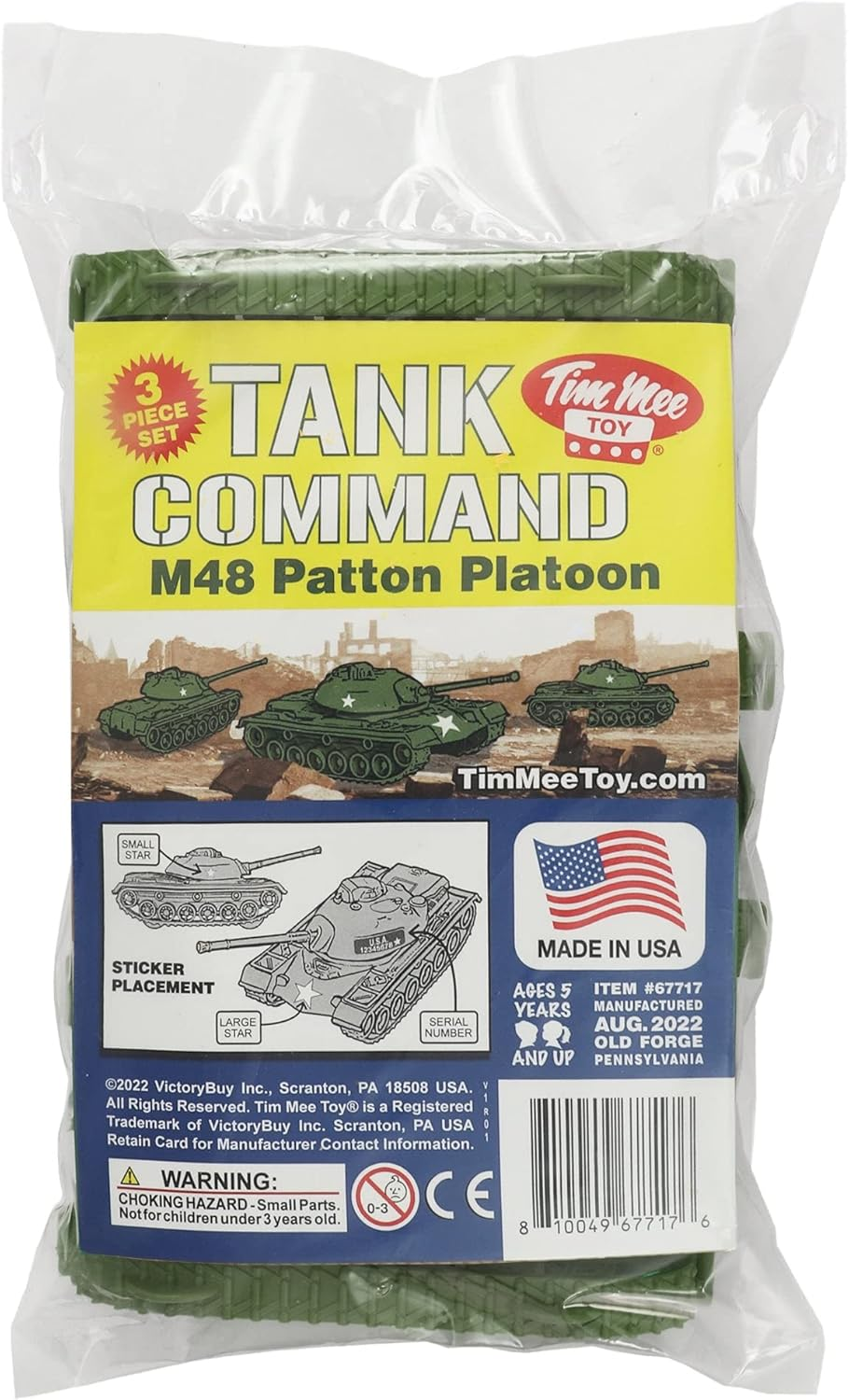 Green plastic Timmee Toy Tanks 3pc set with TANK COMMAND box, star insignia, and “Made in U.S.A.” text.
