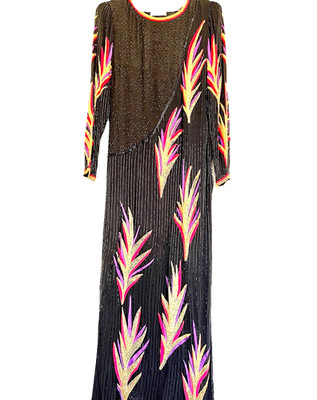 VTG Couture Gown Beaded Silk Palm Motif Red Gold Purple Black Bugle Beads Rare