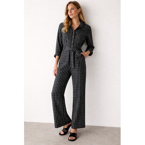 & Other Stories Jumpsuit Womens 4 Black Check Belted Button Front Long Sleeve