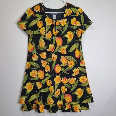 Vintage Hampton Dress Co Womens 16 Orange Tulip Floral Shift Dress Ruffled Hem