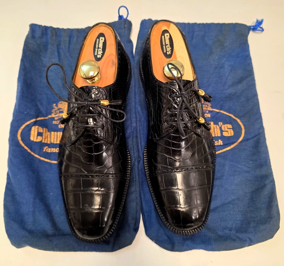CHUCH'S Alligator Leather Lace Up Cap Toe Shoes Men's 9 M Black Exotic Lizard - Image 2 of 4