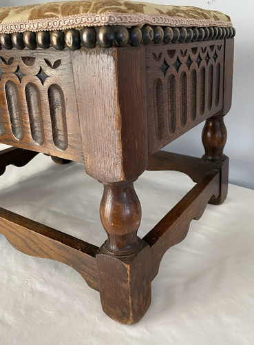 Vintage Solid Oak Foot Stool Studded Fabric - Picture 5 of 7