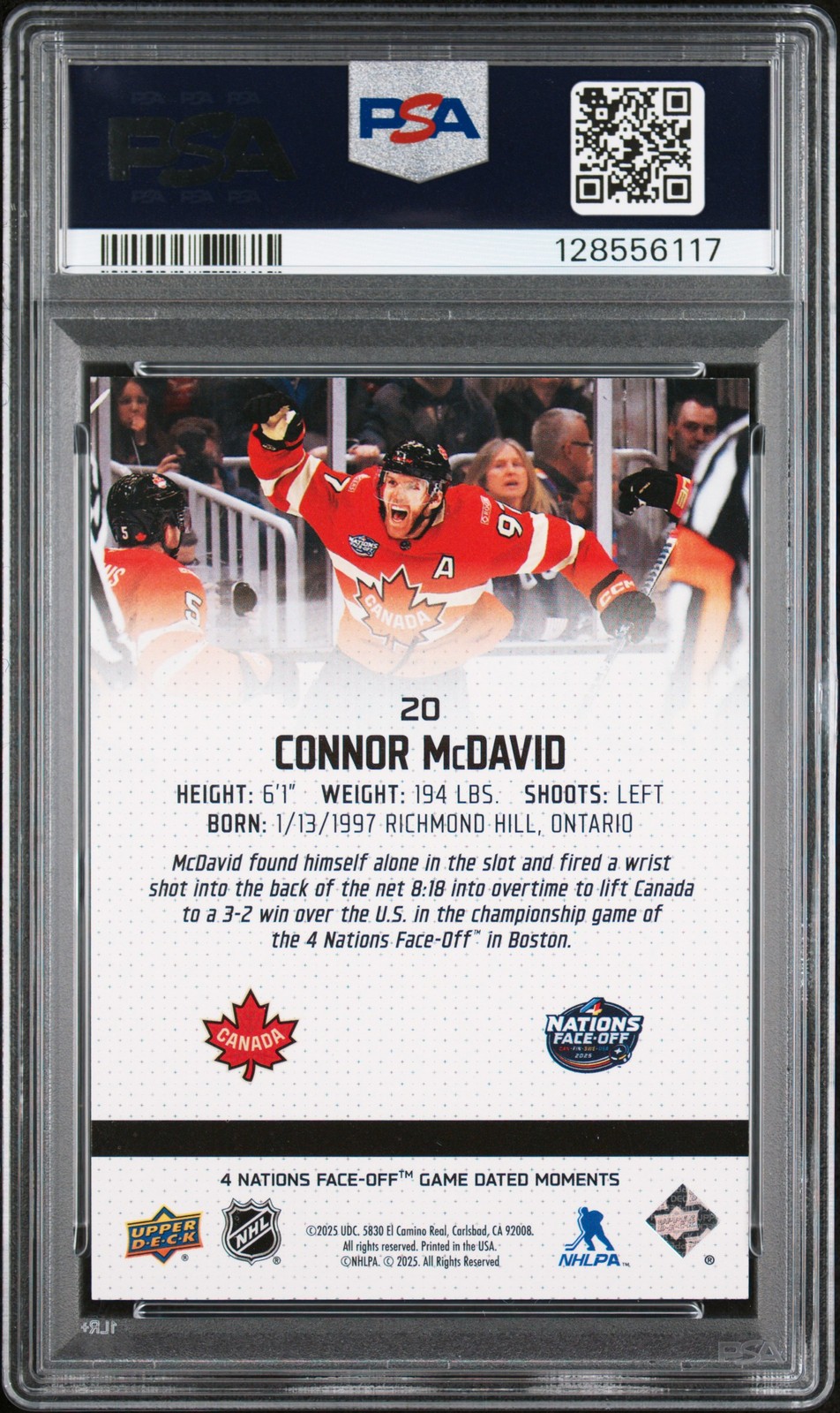 2025 UPPER DECK 4 NATIONS FACE-OFF GAME DATED MOMENTS #20 CONNOR MCDAVID PSA 9 view 2