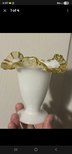 Vintage Fenton Amber Crest crimped footed trumpet vase 4” tall