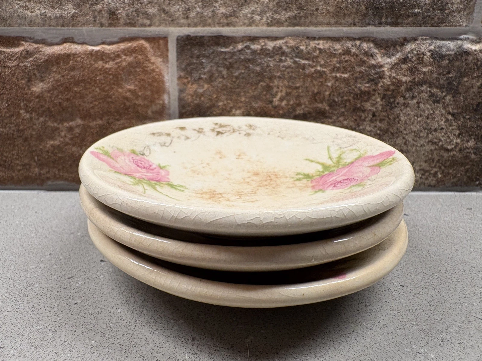 Vintage Floral & Gold Chunky Butter Pats set of 3 with crazing