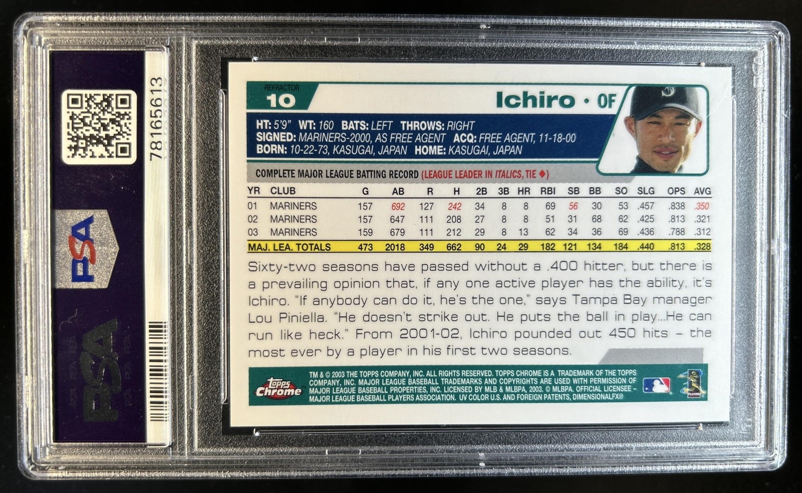 2004 Topps Chrome Ichiro Suzuki Refractor #10 Mariners PSA 8 view 2