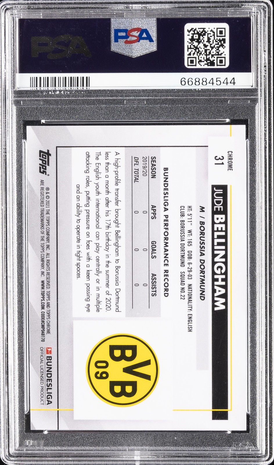 2020 TOPPS CHROME BUNDESLIGA SAPPHIRE EDITION JUDE BELLINGHAM ROOKIE RC PSA 10 view 2