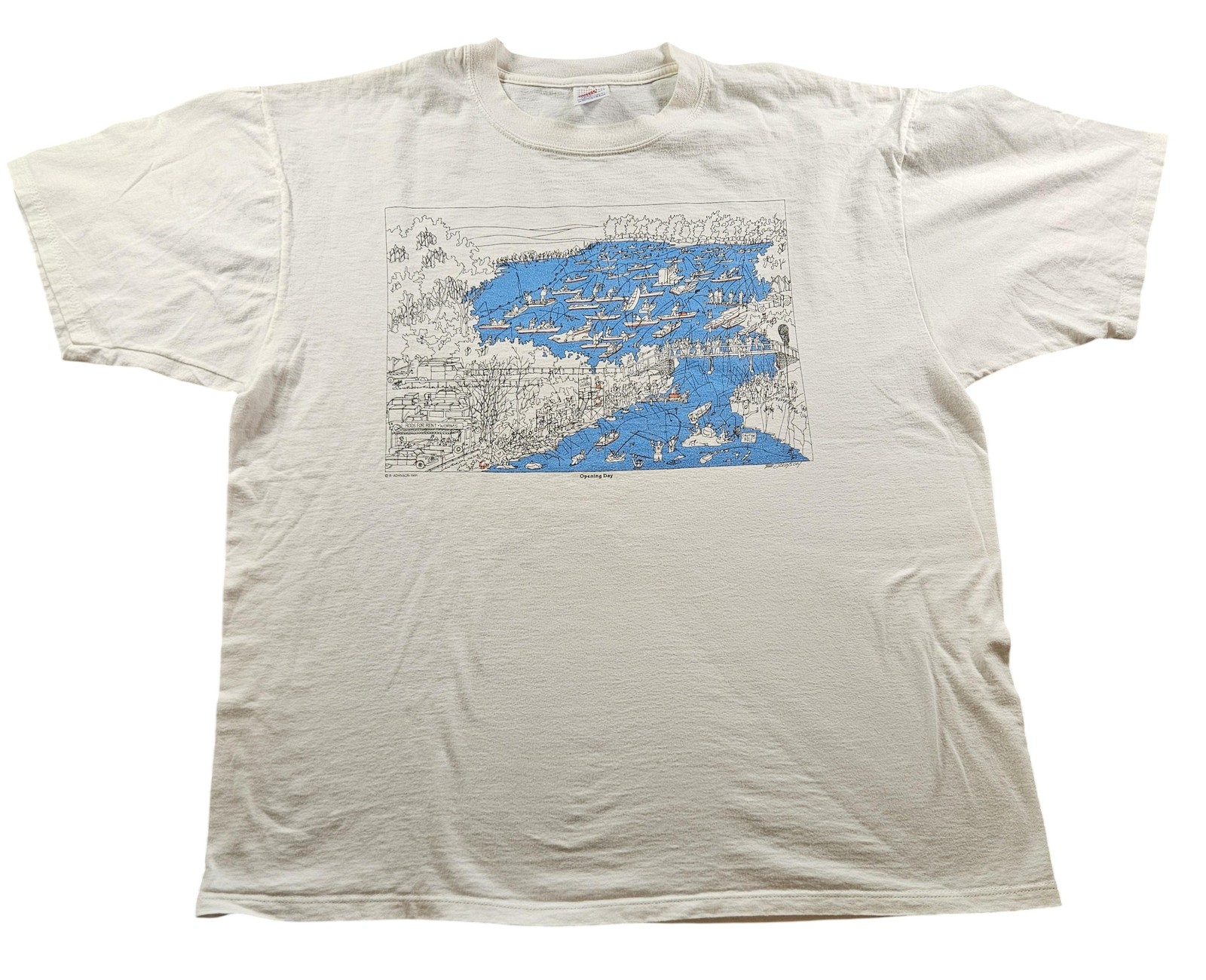 Vintage Opening Day Shirt Mens XL B Johnson 1991 Fishing Cartoon Tee 90s USA